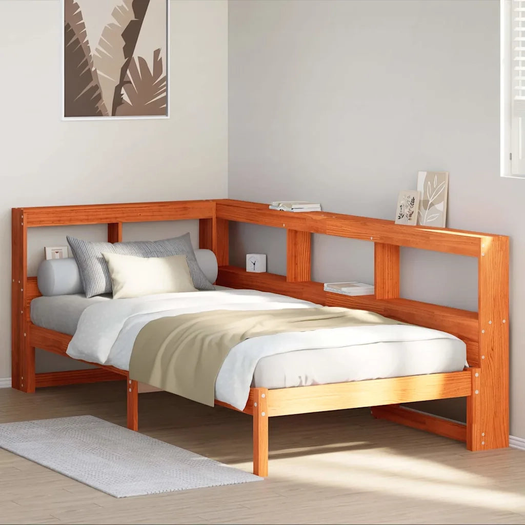 Letto Libreria senza Materasso-Struttura Letto con contenitore Marrone Cera 90x200 cm in Pino 135362