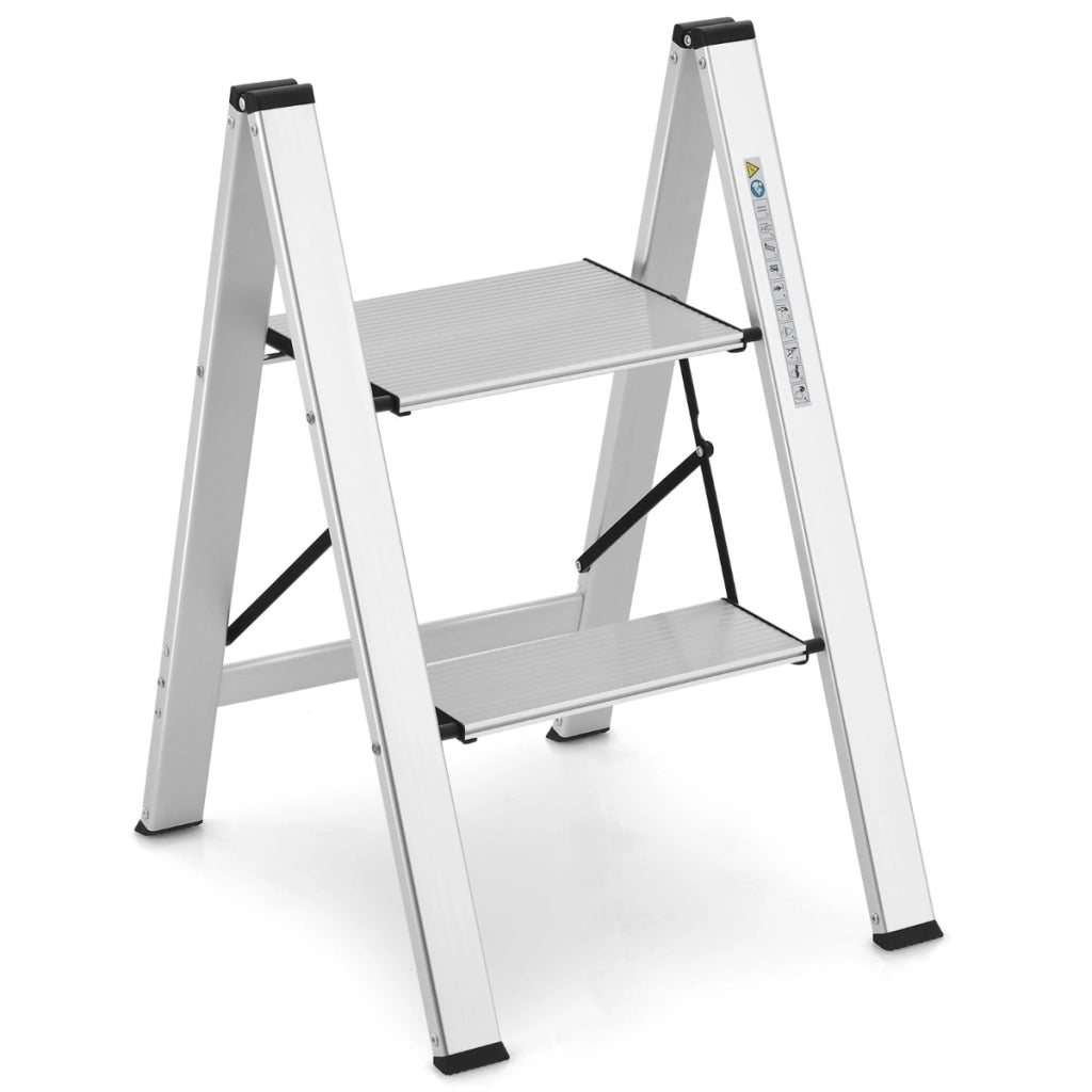 Scala pieghevole in alluminio con gradini antiscivolo e poggiapiedi, Scala portatile portata 150kg 44x49x66cm