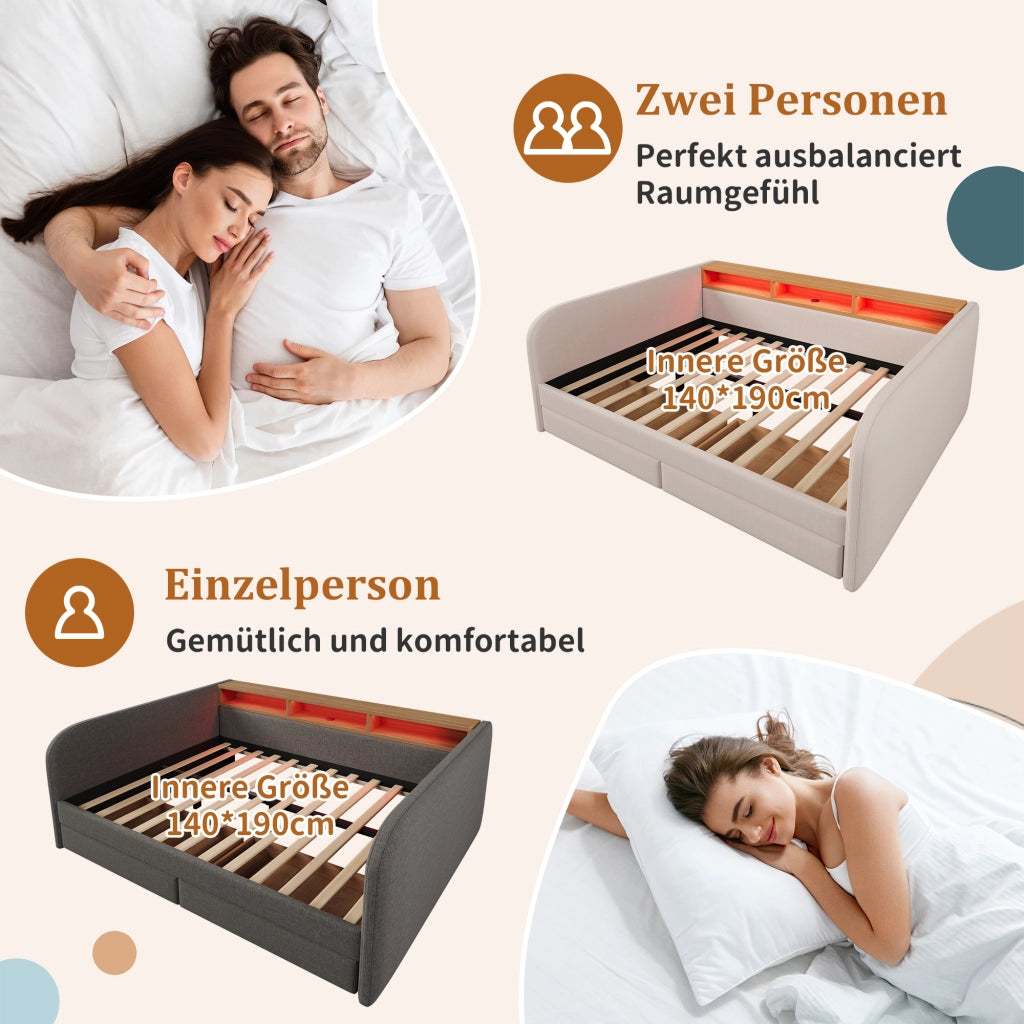 Letto combinato 140 × 190 cm con LED regolabile, USB, Type-C, 2 cassetti e testiera contenitore, senza materasso