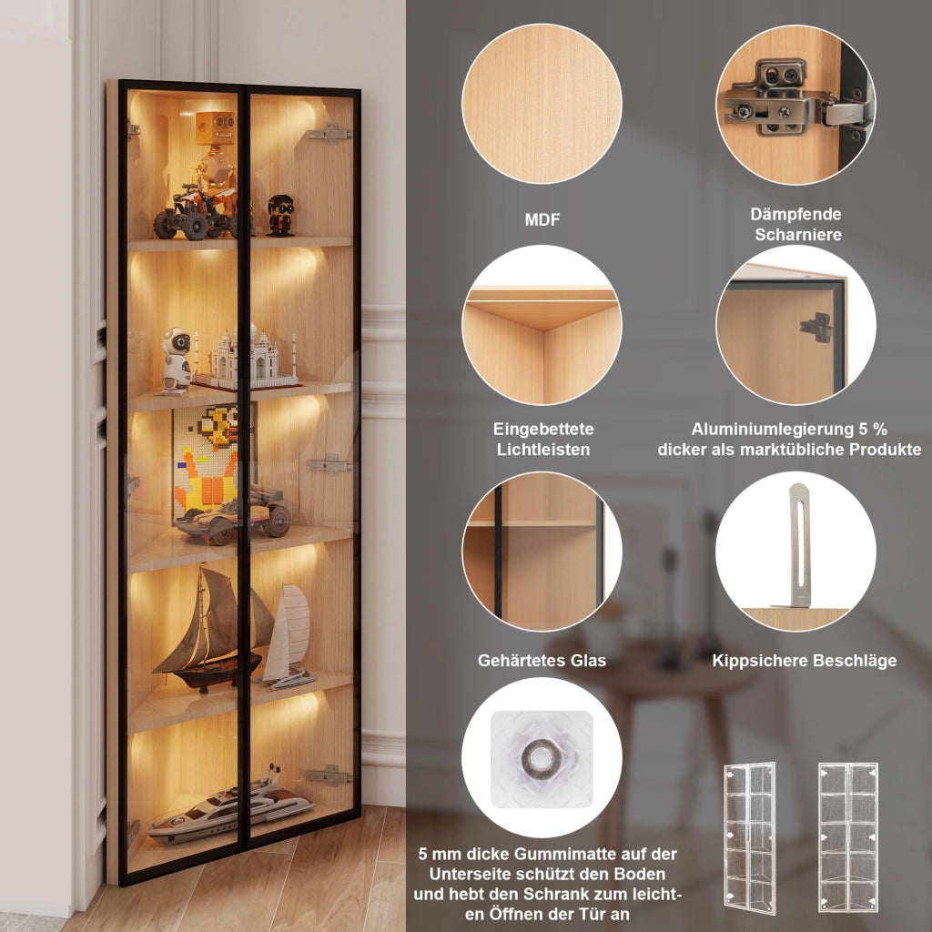 Vetrina Ad Angolo con 1 Anta e LED; Telaio in Alluminio; Stile Moderno; in MDF e Vetro Temperato; Rovere; 62??35??160 cm