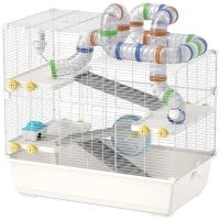 Gabbia per Criceti a 4 Livelli con Tubi, Ruota, 3 Porte e Vassoio, in Metallo, PP e PS, 78x45x73 cm, Bianco