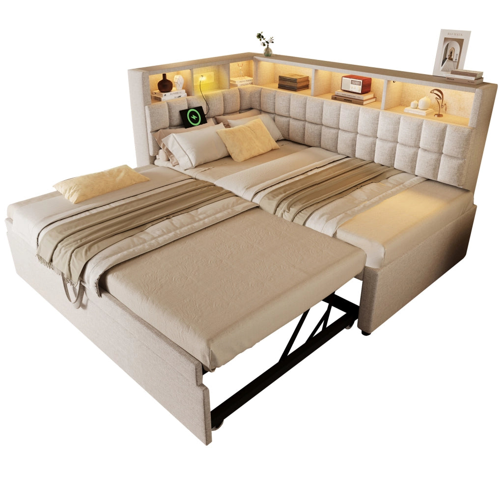 Letto imbottito 90x200 con letto estraibile, LED, Bluetooth e ricarica USB/Type-C
