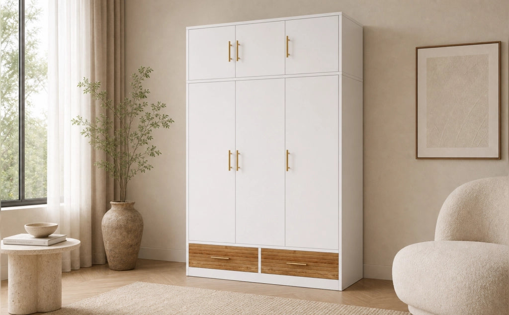 Armadio a 3 ante con vani superiori, asta appendiabiti e 2 cassetti, 120x50x180 cm, bianco