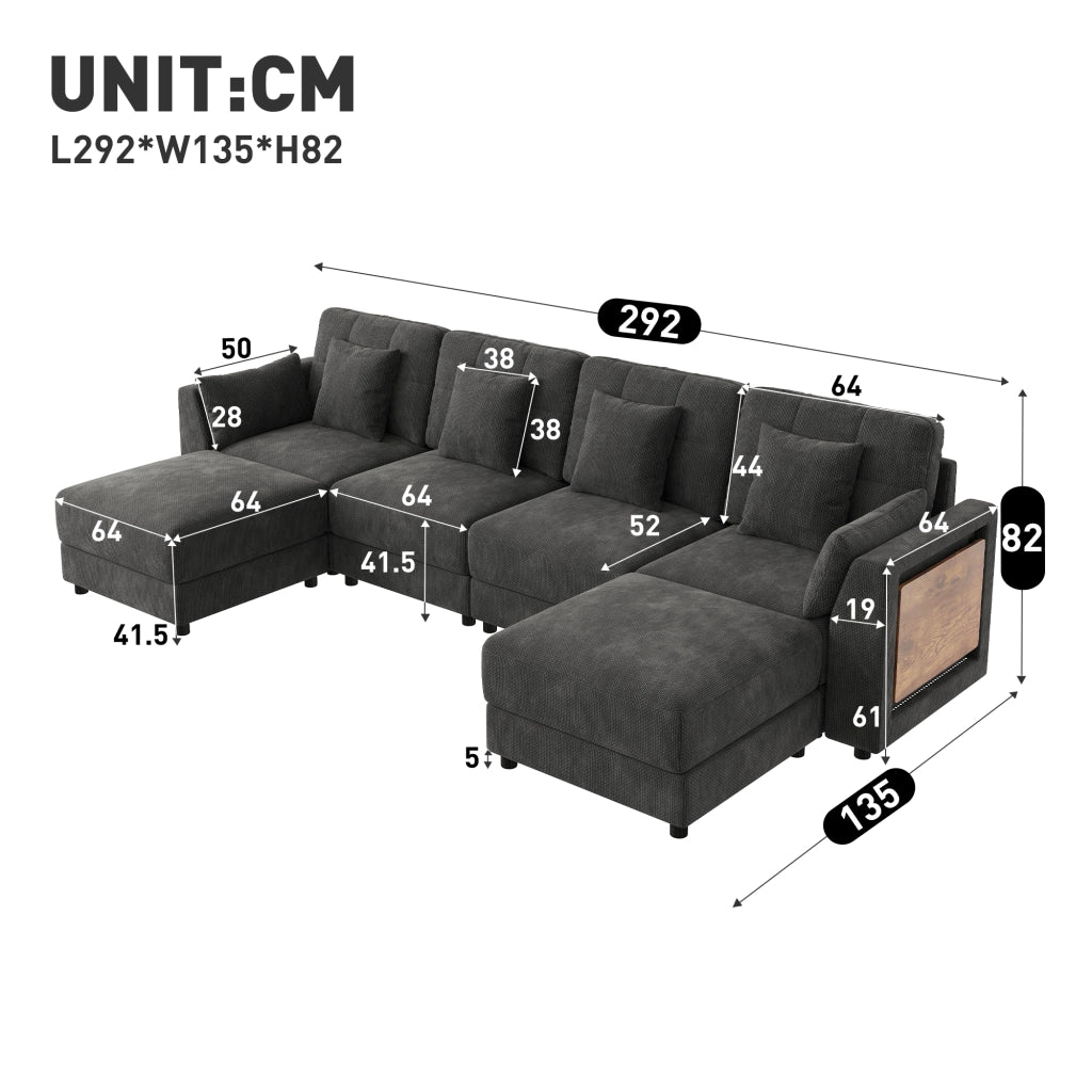 Divano angolare modulare a U e L con 2 pouf mobili, luci LED e tavolino pieghevole, in ciniglia grigio