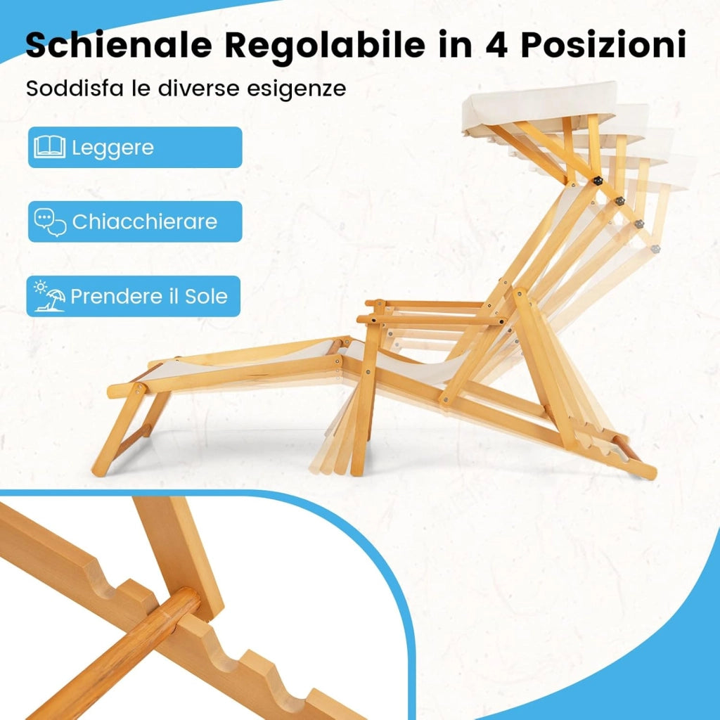 Sedia a Sdraio in Legno di Betulla, Lettino Prendisole da Giardino, Sedia da Spiaggia Pieghevole con Cappottina Regolabile e Rimovibile, Schienale Reclinabile e Poggiapiedi, Portata 100 kg