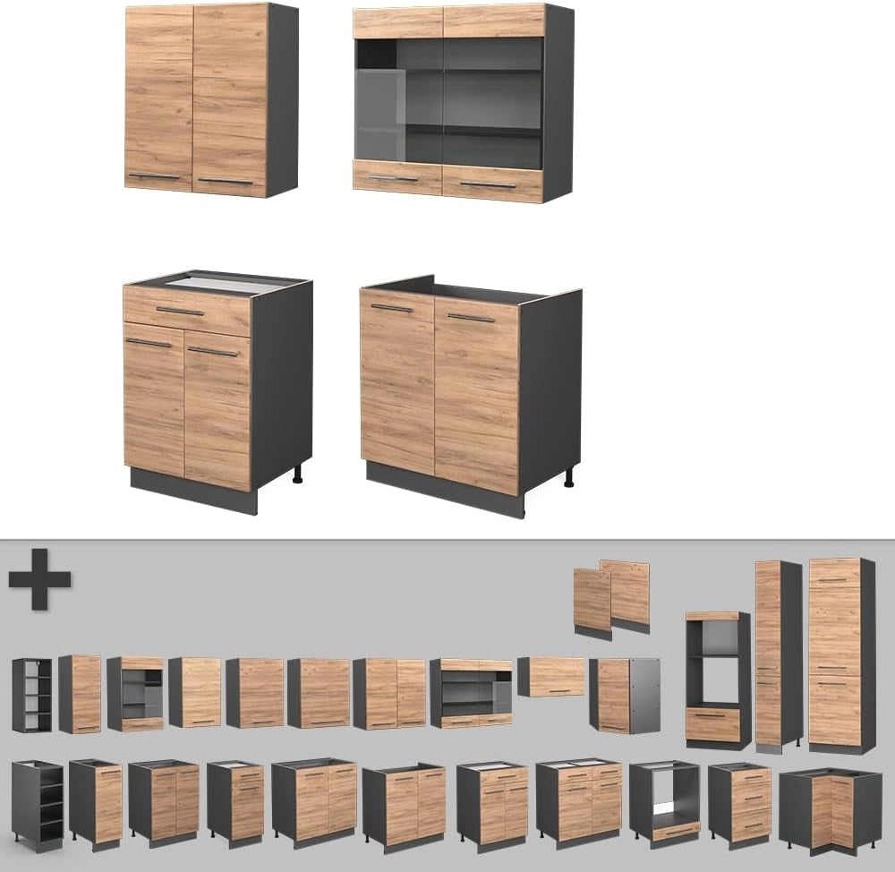 Cucina completa Fame-Line, Quercia dorata/antracite, 140 cm senza piano di lavoro, adatto per la combinazione individuale con altri moduli