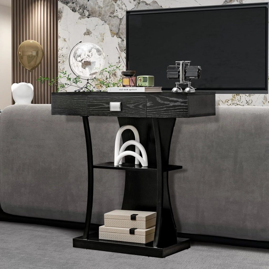 Consolle in Legno, Tavolo Ingresso Con Cassetti, Ripiani e 2 Kit Anti-ribaltamento, Multiuso e Salvaspazio per Salotto, Camera da Letto e Corridoio, 91 x 30 x 88 cm (Nero)