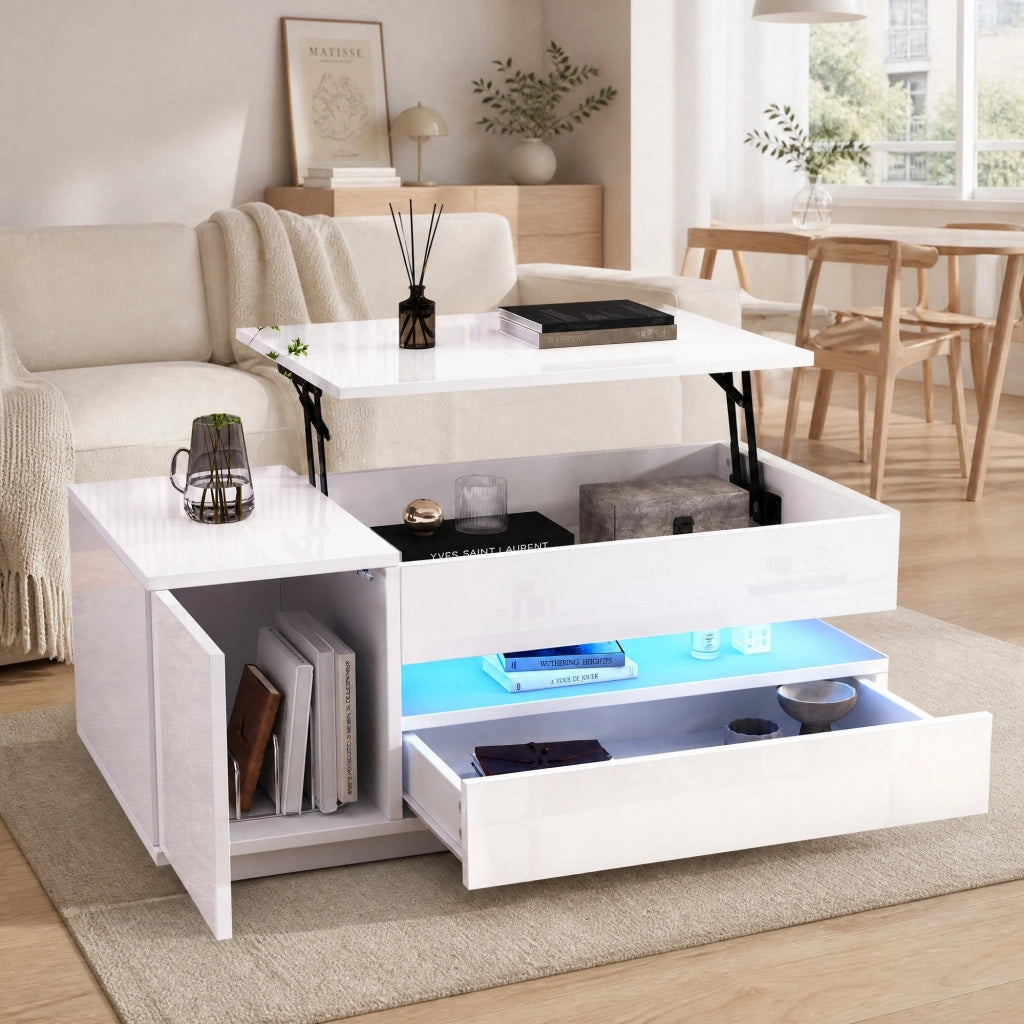 Tavolino da salotto sollevabile bianco con LED e vano contenitivo