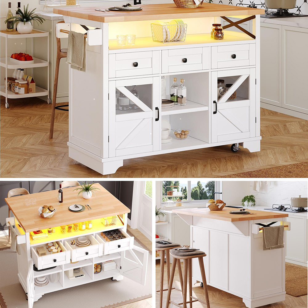 Carrello da cucina multifunzionale - Xylo - Con LED e tavolo pieghevole, 3 cassetti e 2 ante