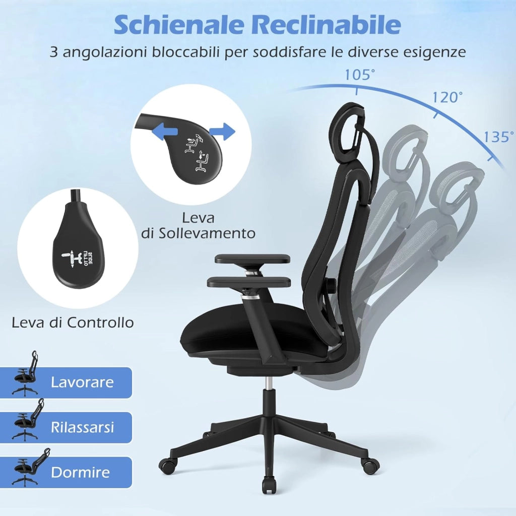 Sedia Ergonomica da Ufficio in Rete con Supporto Lombare Regolabile, Poggiatesta e Braccioli, Schienale Inclinabile, Sedia da Scrivania Girevole Regolabile in Altezza, Portata 150 kg