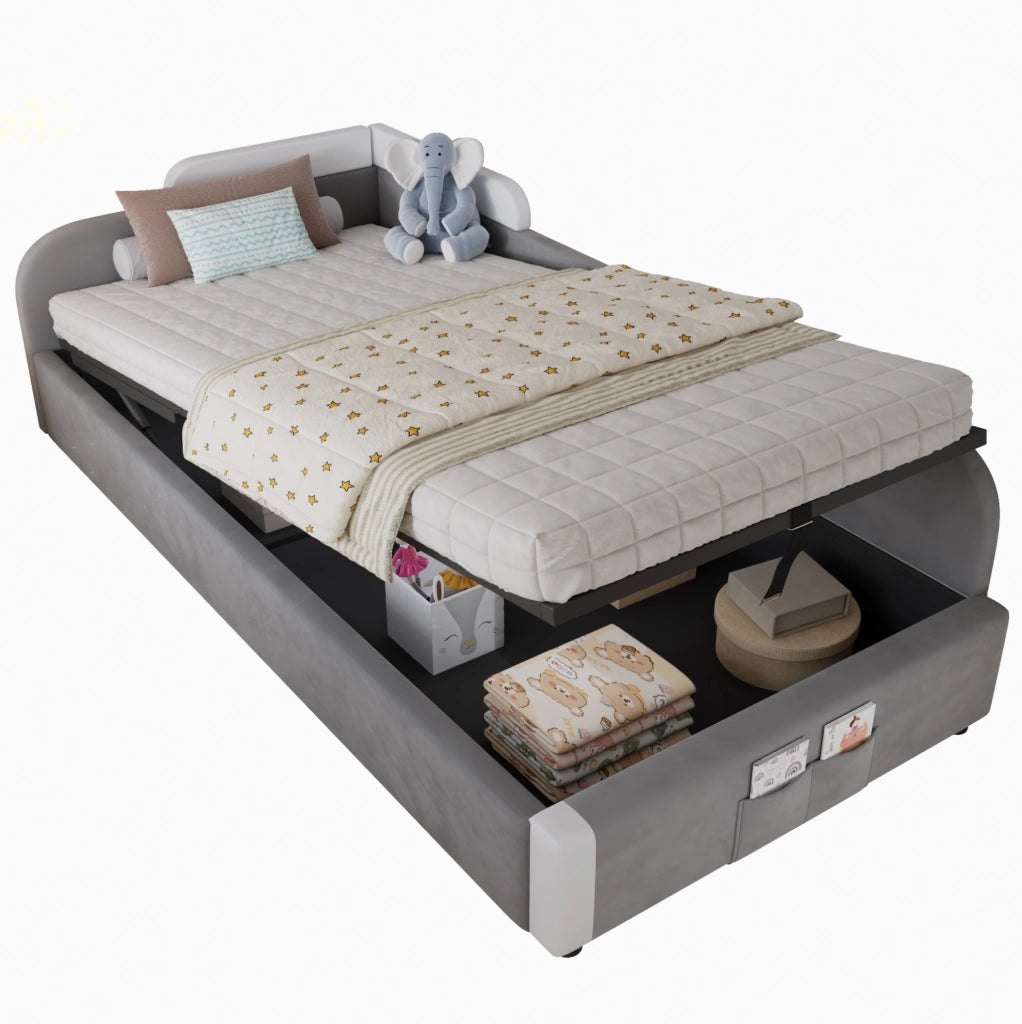 Letto imbottito 90x200 cm con contenitore idraulico in velluto e compensato
