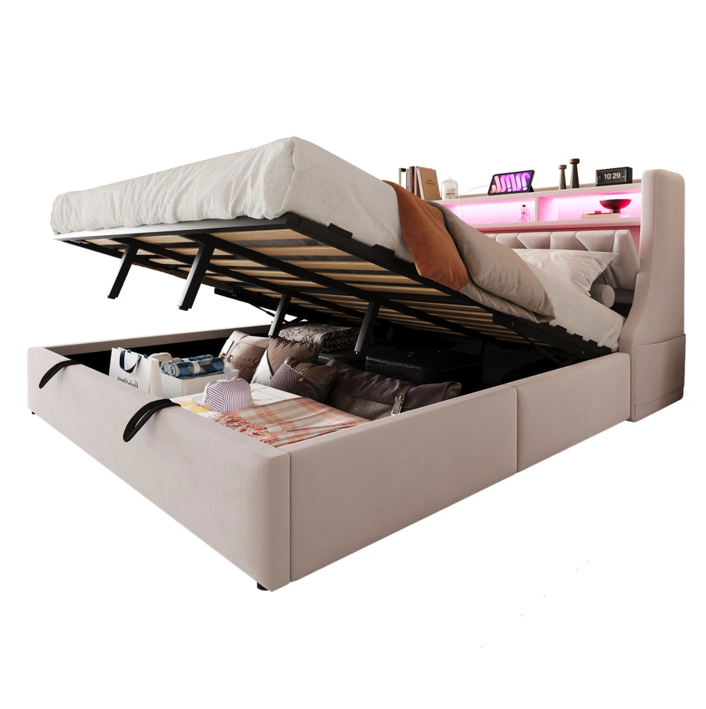 Letto imbottito 180x200 cm con contenitore idraulico, LED e testiera multifunzione