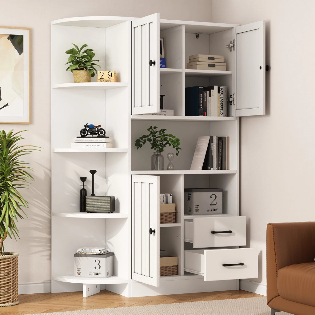 Armadio Angolare; Vetrina con 3 Ante e 2 Cassetti; 6 Vani Aperti; Stile Moderno; in Pannelli di Particelle; 104??35??155 cm; Bianco