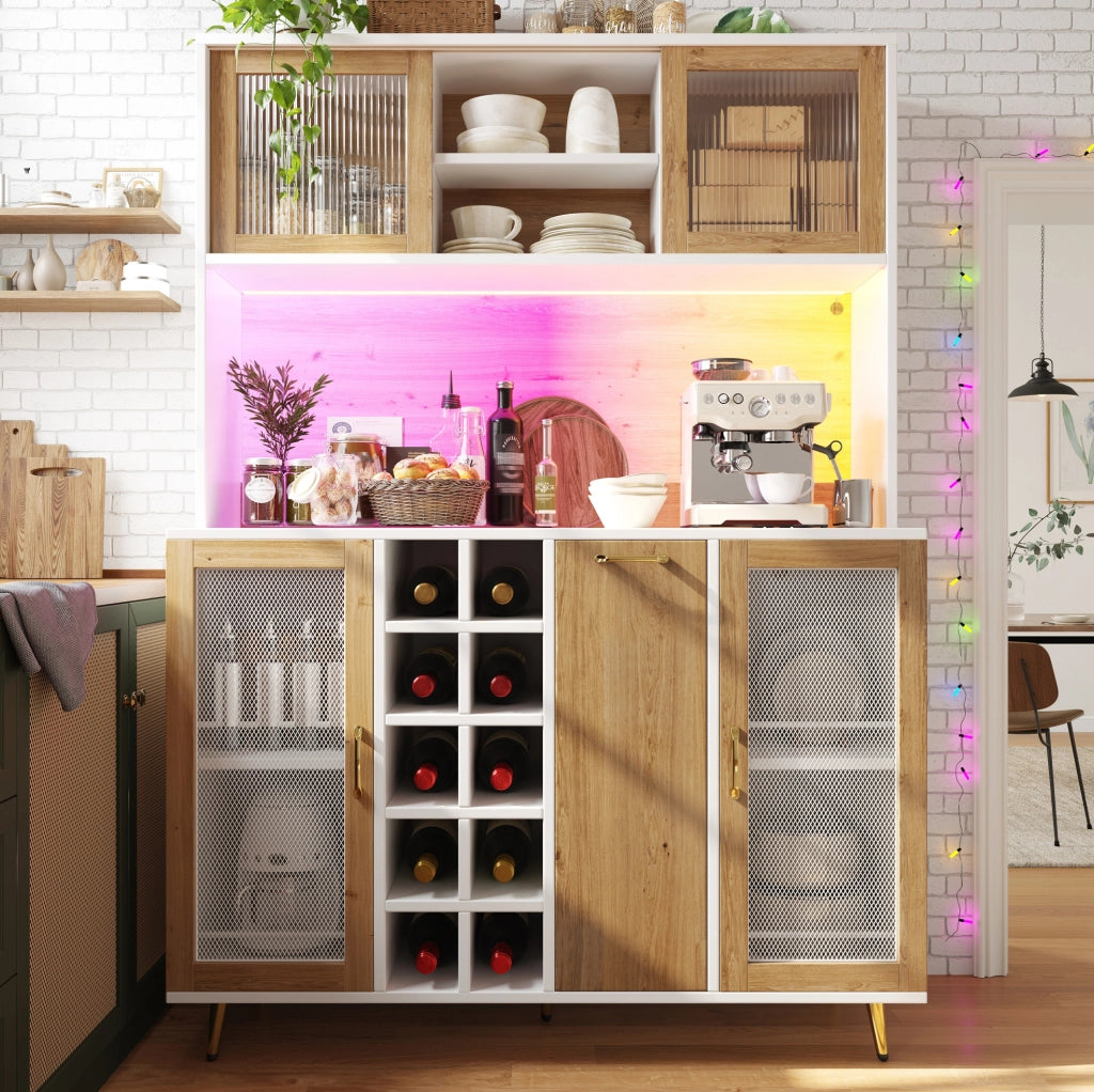 Credenza con illuminazione LED; portabottiglie e presa integrata in MDF bianco e naturale