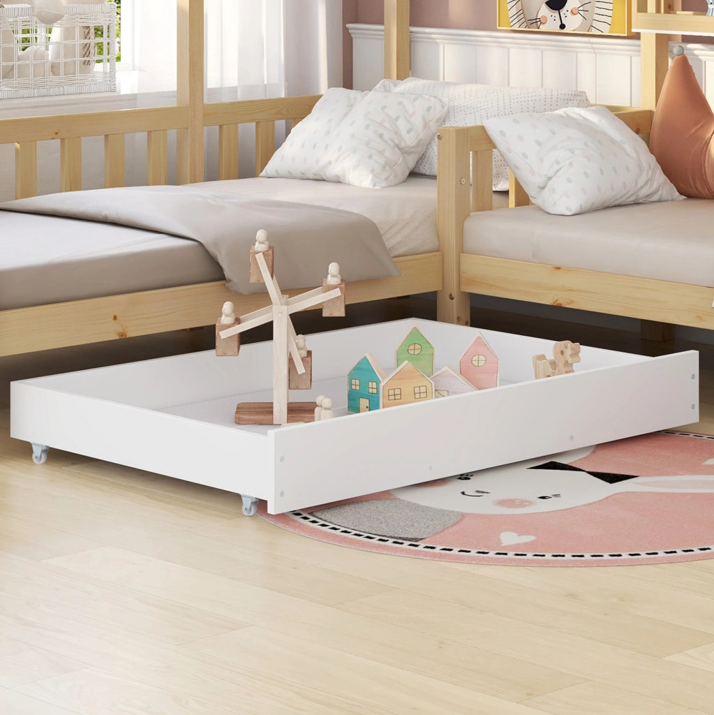 Letto a casetta bambini a L con cassetto, 90x200 + 140x70 cm