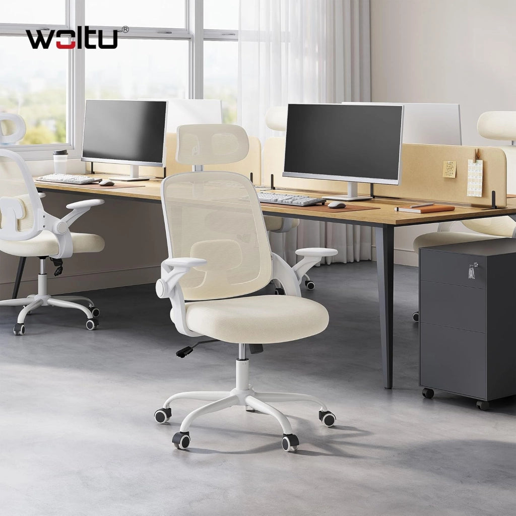 Sedia Ufficio Ergonomica con Poggiatesta e Braccioli Regolabili, Supporto Lombare, Poltrona Scrivania Girevole in Rete Traspirante Funzione Dondolo, Beige