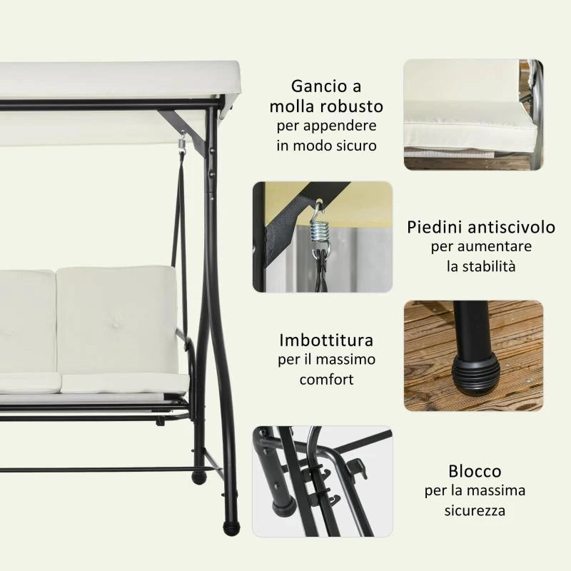 DONDOLO LETTO DA GIARDINO 3 POSTI CON TETTUCCIO REGOLABILE, IN ACCIAIO E POLIESTERE, 195X117X175 CM, CREMA E NERO