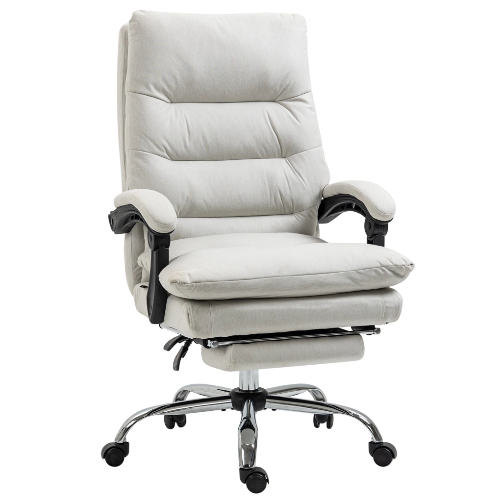 Sedia da ufficio massaggiante schienale reclinabile 135° e poggiapiedi in poliestere bianco crema 65 × 72 × 109-117 cm