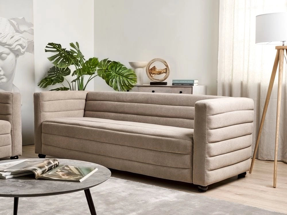 Divano a 3 posti rivestito in tessuto poliestere bouclè tortora design moderno