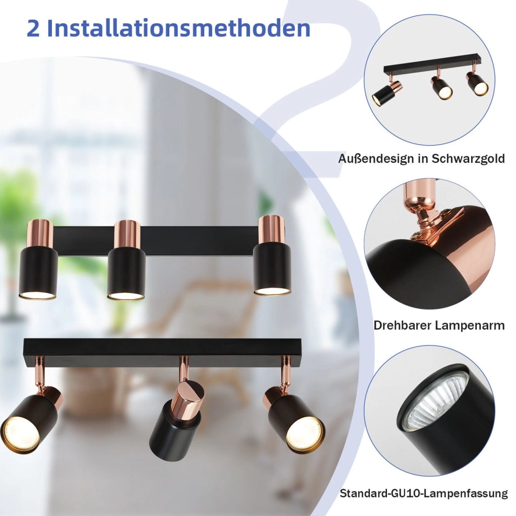 ZMH Faretto da soffitto 3 fiamme GU10 orientabile 355° nero Moderno