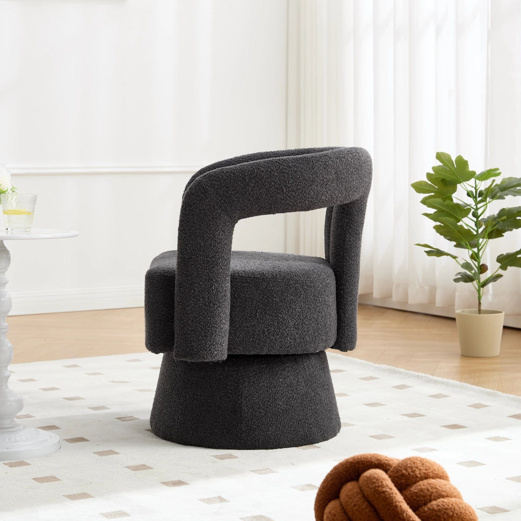 OKWISH Poltrona Girevole a 360 Gradi in Bouclé, Seduta Imbottita Ampia, Braccioli Arrotondati e Base in Metallo, Grigio Scuro