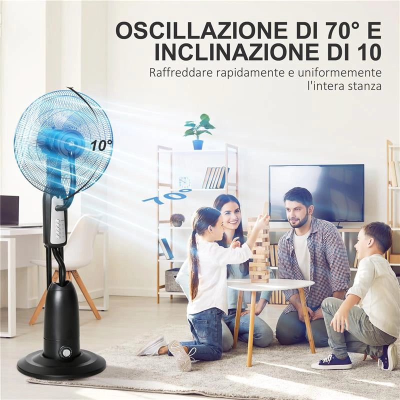 VENTILATORE NEBULIZZATORE 90W A 4 RUOTE CON SERBATOIO 2.8L E 4 VELOCITÀ, IN METALLO, PE E ABS, 44.5X38.5X120 CM