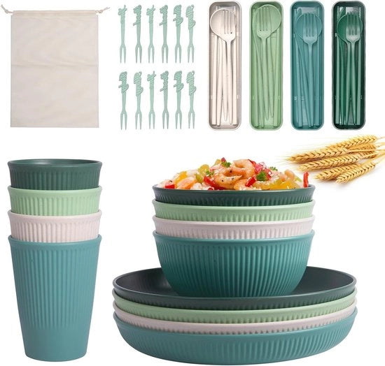 Set di utensili da campeggio in plastica da 45 pezzi con borsa portatile per 4 persone servizio da tavola per campeggio, picnic e matrimoni in camper