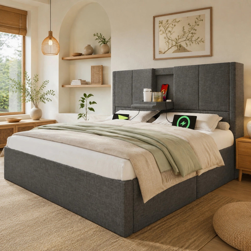 LETTO Contenitore 140x200 cm in lino grigio con presa di ricarica