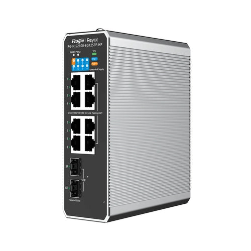 Reyee cloud industrial switch l2 full managed ip40, 8xrj45 gigabit, 2xsfp, 7 p. poe+ e 1 p. poe++ - RG-NIS2100-8GT2SFP-HP