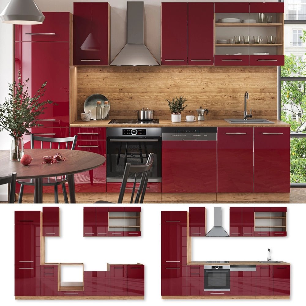 Cucina componibile Fame-Line Bordeaux lucido/Rovere dorato 300 cm, PL Marmo Vicco