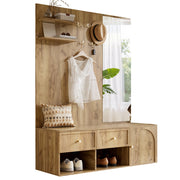 Mobile Ingresso con Specchio; 5 Ganci; 2 Cassetti e Vano - per Ingresso - in Truciolare - 120×35×159 cm - Effetto Legno