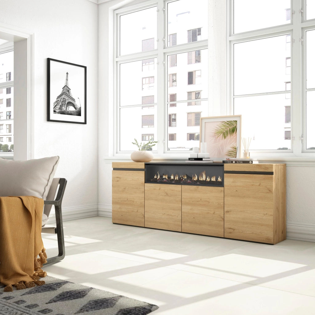 Credenza, Mobile, 200x35x75cm, 4 Porte, Camino elettrico, colore Rovere e nero RF2282