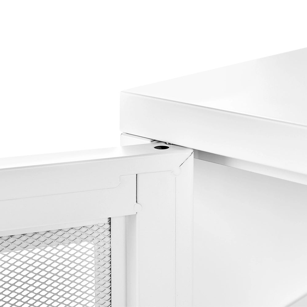 Credenza in metallo bianco 118 x 40 cm 2 ante in rete ripiani gambe gestione cavi mobile tv industriale soggiorno