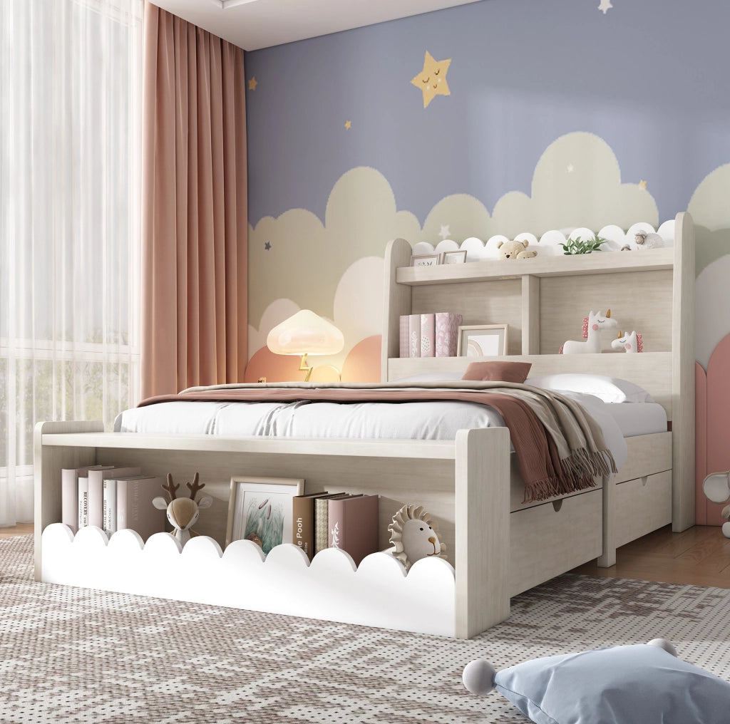 Letto singolo 90x200 cm con cassetti e ripiani; legno massello e MDF bianco e rovere