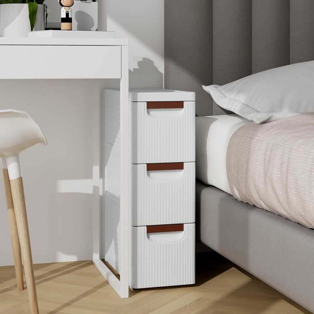 Mobile Bagno con 4 Cassetti, Mobiletto Bagno Salvaspazio con Ruote, Cassettiera in PP per Soggiorno, Bagno e Cucina, 42 x 19 x 74 cm