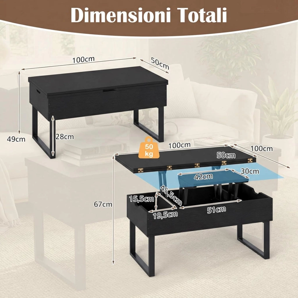 3 in 1 Tavolino da Salotto con Piano Sollevabile e Pieghevole, Tavolino Moderno Trasformabile in Tavolo da Pranzo in Legno con 3 Vani Nascosti, Ideale per Soggiorno e Ufficio (Nero)