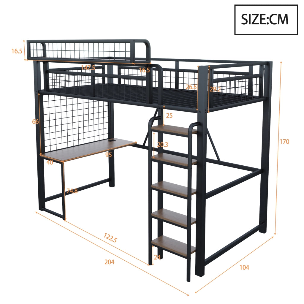 Letto a soppalco 90 × 200 cm con scrivania, rete portaoggetti, LED e presa, senza materasso, in metallo, nero