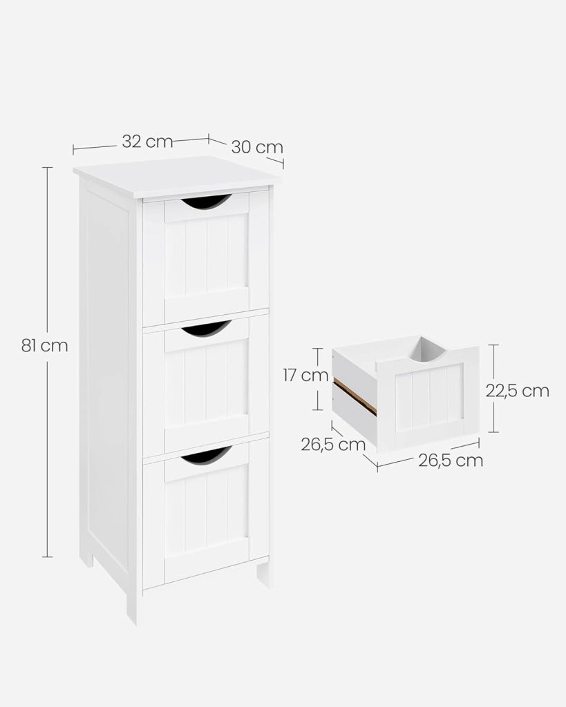 VASAGLE Armadietto bagno 3 cassetti 30x32x81 cm bagno soggiorno sala sala da pranzo cucina moderno bianco opaco BBC50WT