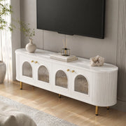 Mobile porta TV con 4 ante in vetro, bordi arrotondati, passacavi, MDF bianco e oro 170 × 35 × 55 cm