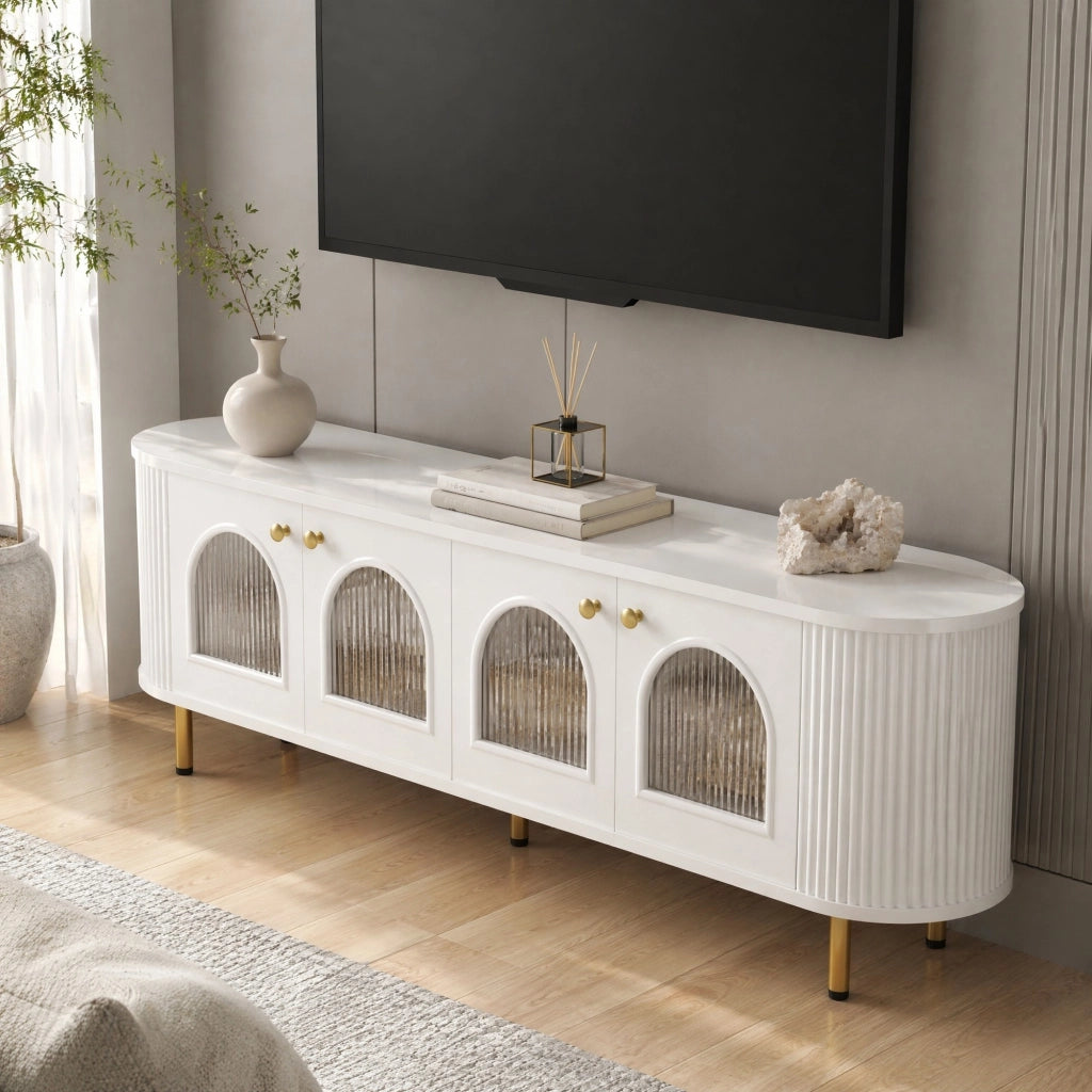 Mobile porta TV con 4 ante in vetro, bordi arrotondati, passacavi, MDF bianco e oro 170 × 35 × 55 cm