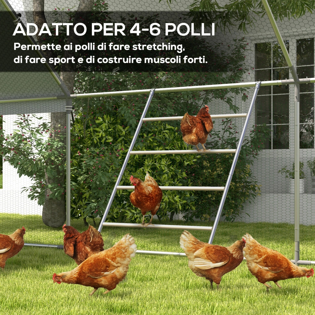 Trespolo per Galline a 4 Livelli per 4-6 Polli in Legno e Acciaio Zincato Colore Legno