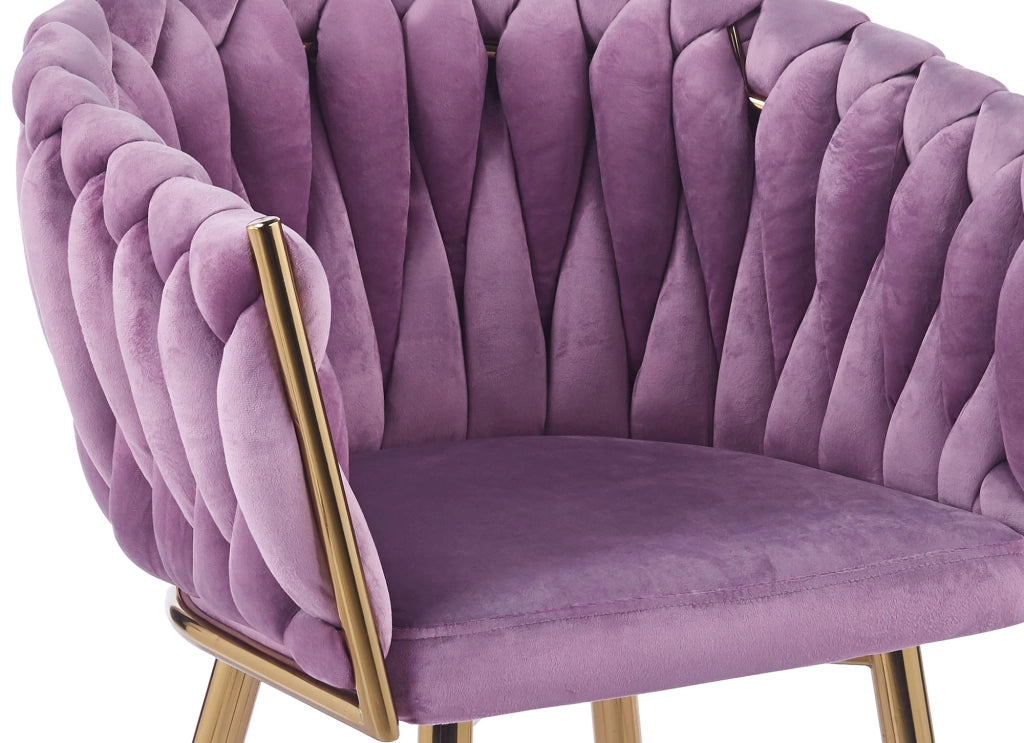 Poltrona Con Schienale In Velluto Intrecciato Design Moderno, Sedia Imbottita Circolare con Gambe in Metallo Placcato Oro Poltroncina Sala Pranzo Camera Salotto Cucina con Seduta Morbida Viola