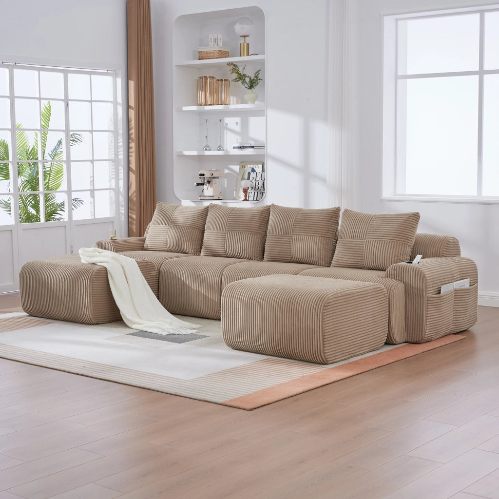Divano Modulare 4 Posti con Poggiapiedi ¨C MINIMAL ¨C Tessuto, Beige/Khaki, con Portabicchieri