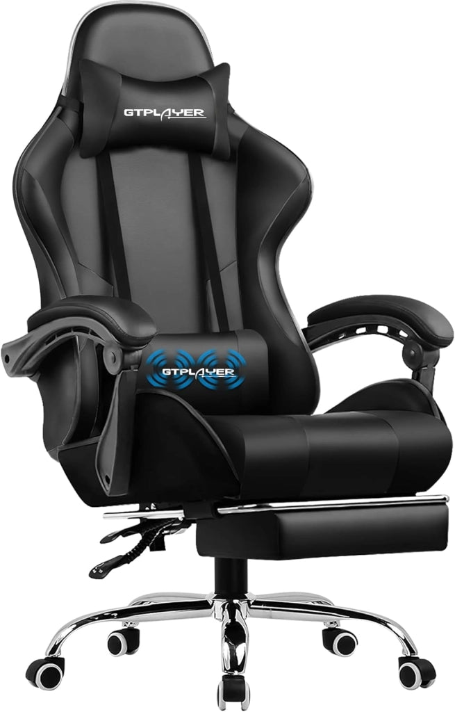 Sedia da Gaming, Ergonomico Sedia da Ufficio, con Massaggiante poggiapiedi e supporto lombare, Schienale Regolabile 90-135°, Portata 150 kg, sedia per computer, Nero
