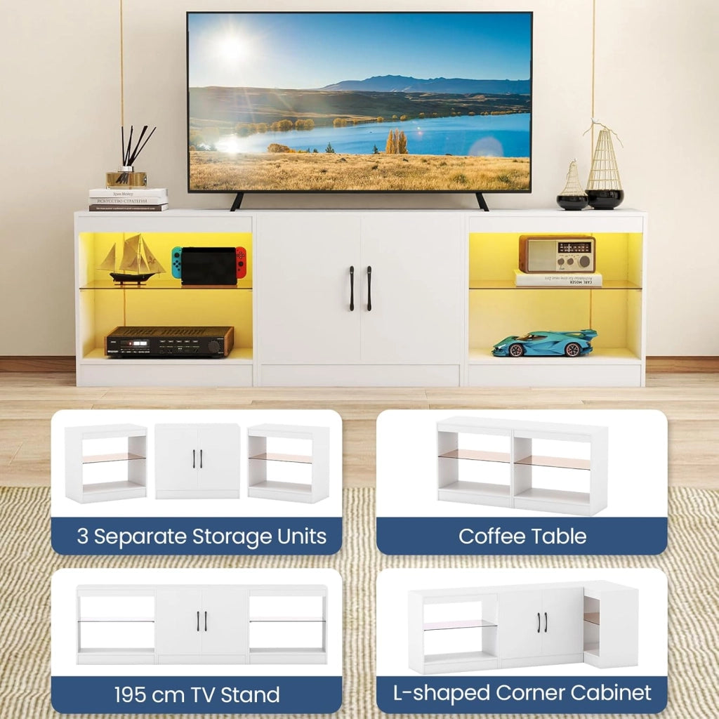 Mobile TV da 85" 3 in 1 con Luci LED, Mobiletto porta Televisori Liberamente Combinabile da 3 Pezzi, con Ripiani in Vetro Regolabili, per Soggiorno, Camera da Letto, 195x30x55cm (Bianco)