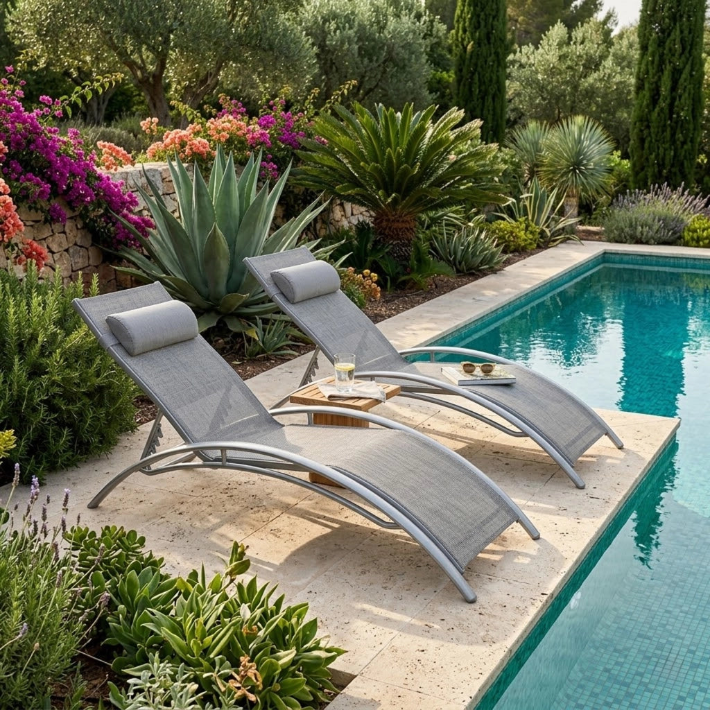 Set 2 Lettini Prendisole Pieghevoli Da Giardino Con Schienale Reclinabile 5 Posizioni In Textilene Traspirante Per Relax Piscina E Terrazza 59 x 158 x 81.5 Cm Grigio