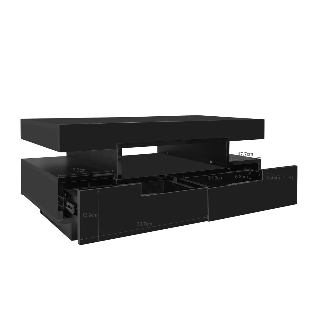 Tavolino da Salotto con 4 Cassetti e 3 Vani Aperti e LED; Finitura Lucida; Stile Moderno; Nero