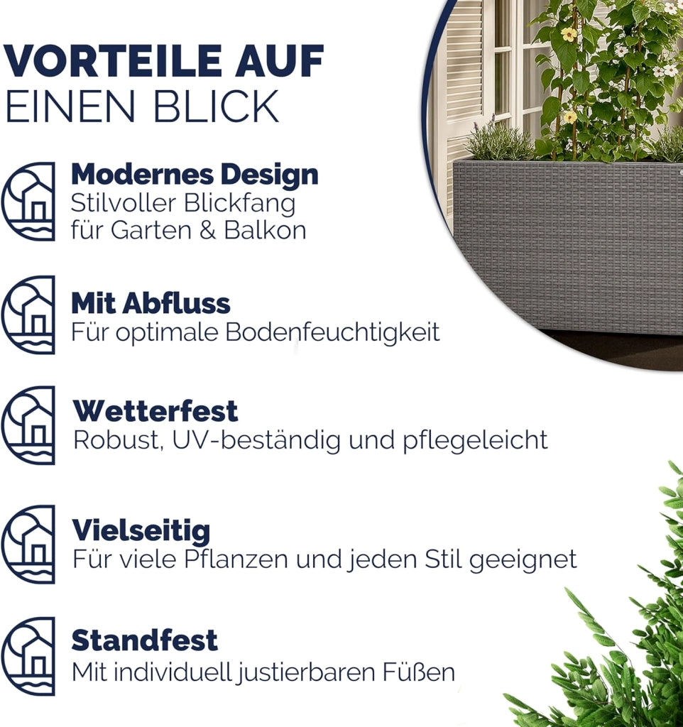Fioriera Rettangolare 95x27x60 cm con 4 Vasi Interni in Polyrattan con Sistema di Drenaggio Fioriere Porta Vaso da Fiori Piante Divisorio Giardino Balcone Terrazza Grigio