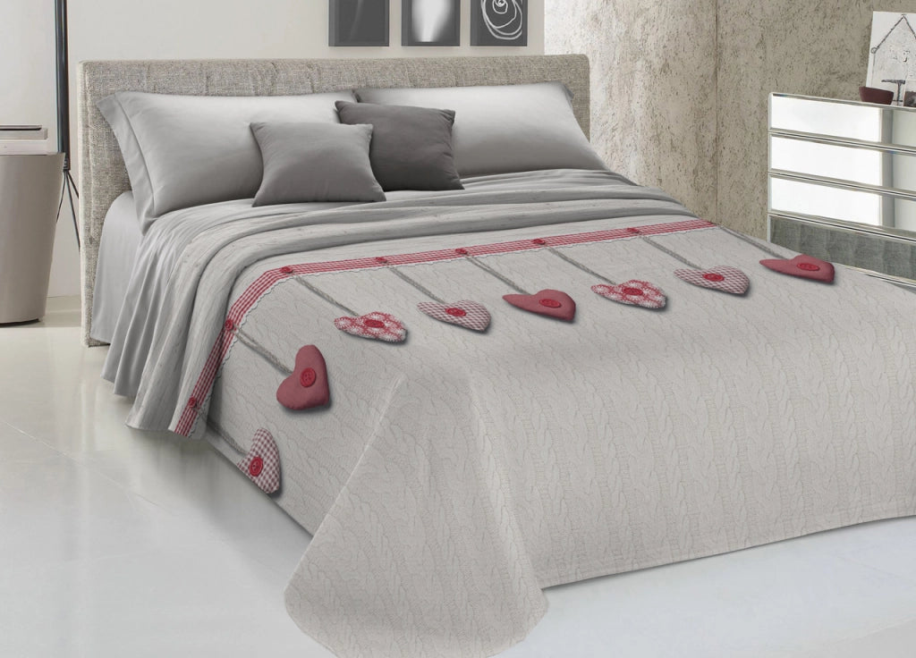 Copriletto Piquet Primavera Estate 100% Cotone Disegno Cuore Appeso - Singolo - Rosso