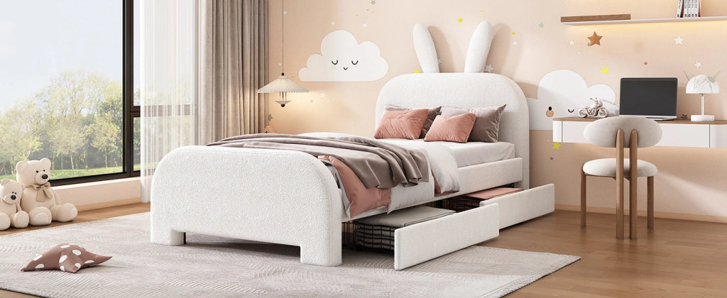 DESMIU Letto per Bambini 1 Posto con 2 Cassetti e Testiera Coniglio 90 × 200 cm, senza materasso, in Peluche e MDF, Bianco